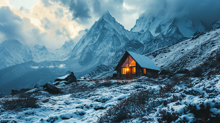 A Beautiful View Of Small Cabin or Tent With Small Camping Fire During IN The Night Time In Snow Mountains Landscape Background