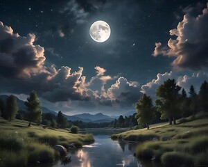 Landscape mountain with cloud and moon