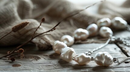 Baroque pearl necklace with silver chain displayed on a natural grey wooden backdrop