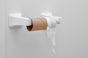 Empty toilet paper roll on holder in bathroom