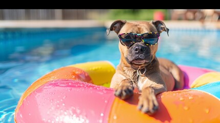 Summer dog pool, dog wearing sunglasses in swimming pool on colorful pool float (4)