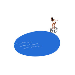 Yung woman in swimsuit jumping into swimming pool on white background. Retro style. Contemporary...