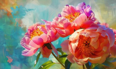 Peonies on multicolored bright background