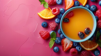 Overhead shot of a wholesome fruit bowl beside a cup of orange juice on a vibrant pink surface