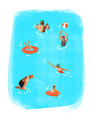 Group of people enjoying warm summer day in swimming pool, relaxing in floating circles, swimming. Contemporary art collage. Concept of summer, vacation, relaxation, tourism. Creative design