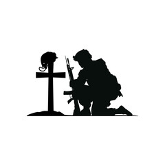 Silhouette of a soldier on his knees near the grave of his brother. Vector illustration.