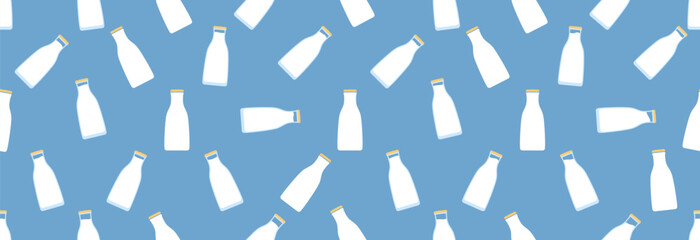 Glass bottle of milk on a seamless pattern. Farm fresh milk banner.