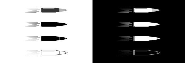 A bullet from a machine gun flies on a white and black background. Vector icon.