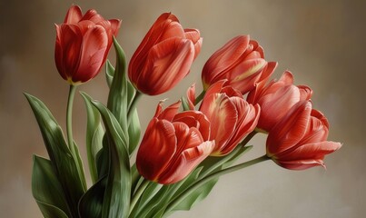 Fototapeta premium pink tulips against the wall closeup portrait