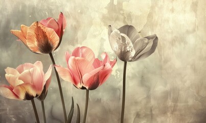 Obraz premium pink tulips against the wall closeup portrait