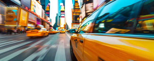 Speeding yellow taxis in a bustling cityscape.