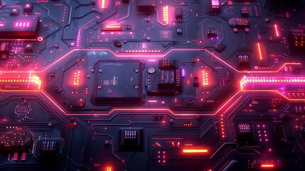 Glowing Circuit Board at Night With Pink Neon Lights and Complex Components