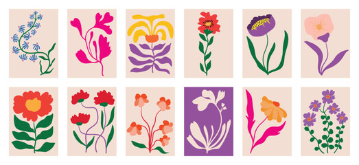 Botanical doodle background art vector set. Flower and leaves abstract shape doodle art design for print, wallpaper, clipart, wall art for home decoration.