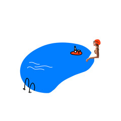 Young woman relaxing in swimming pool with cocktails. White background. Minimalism design. Contemporary art collage. Concept of summer, vacation, relaxation, tourism. Creative design