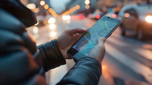 Person Using Ride Sharing App on Smartphone with City Map Display