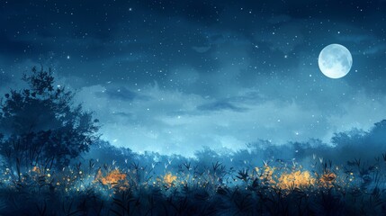 Fototapeta premium beautiful jungle landscape nature digital art with moon shining in night scene illustration, night view with colorful cool bluish effect and clouds with dark sky through foggy, greeny mountain range c