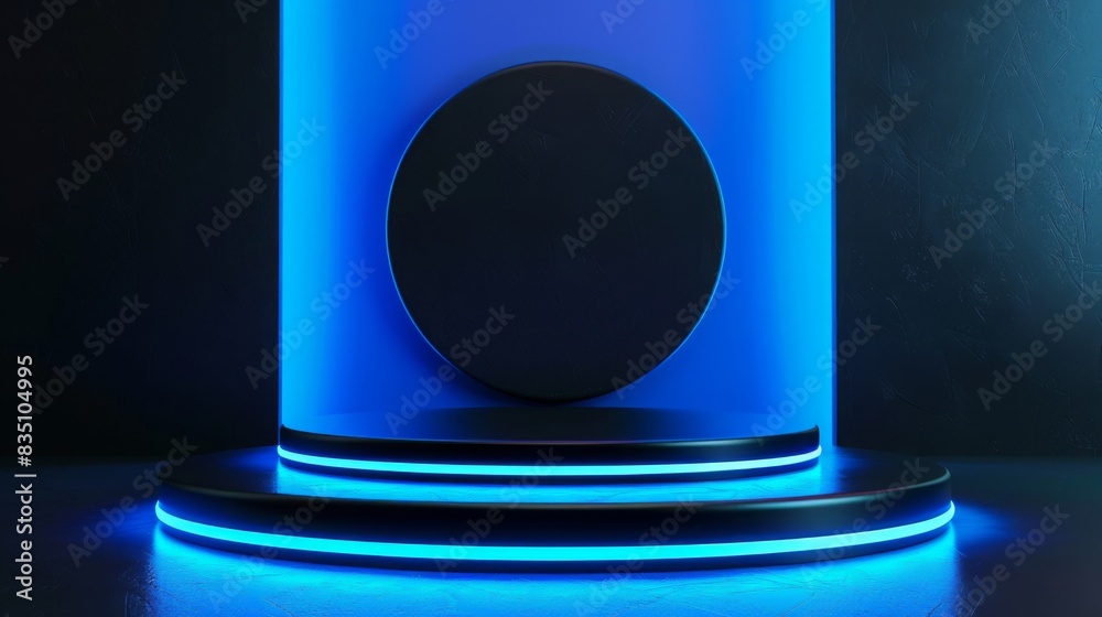 Poster a circular black object is displayed on a pedestal illuminated with vibrant blue neon lights in a da