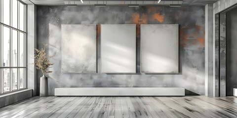 Contemporary gray gallery space with wooden flooring and blank mockup posters. Concept Interior Design, Gallery Space, Mockup Posters, Wooden Flooring, Contemporary Gray Walls