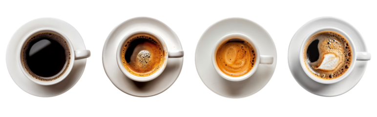 Top view of various cup of coffee with different flavor, isolated on transparent background