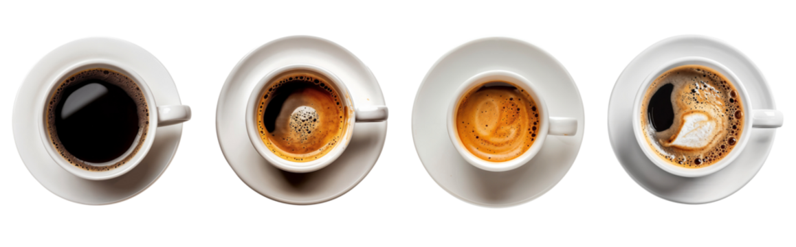 Top view of various cup of coffee with different flavor, isolated on transparent background