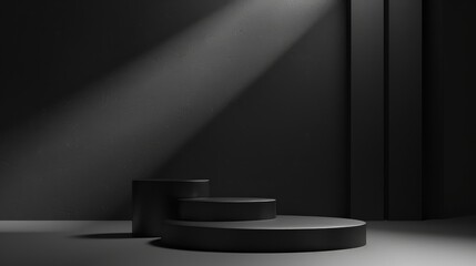 Minimalist black background with bold lighting and shadows, creating a perfect setting for product displays. Ideal for high-end and luxury visuals