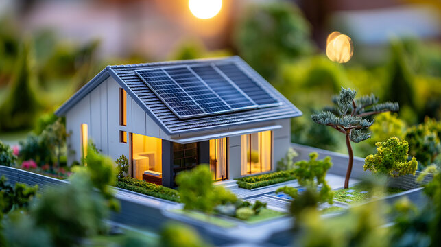 miniature futuristic generic smart home with solar panels rooftop system for renewable energy concepts