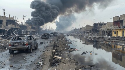 Devastated Buildings and Rubble in City After Intense Airstrikes, Smoke Rising Amidst the Ruins, Highlighting the Aftermath of Conflict and Destruction
