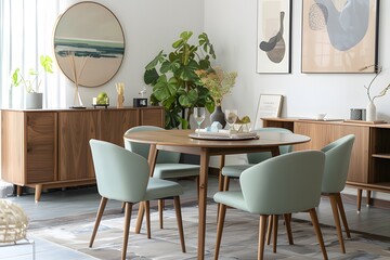 Modern dining room with round wooden table, interior design ai generative