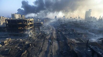 Devastated Buildings and Rubble in City After Intense Airstrikes, Smoke Rising Amidst the Ruins, Highlighting the Aftermath of Conflict and Destruction