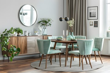 Modern dining room with round wooden table, interior design ai generative