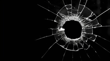 Shattered glass with bullet hole on black background