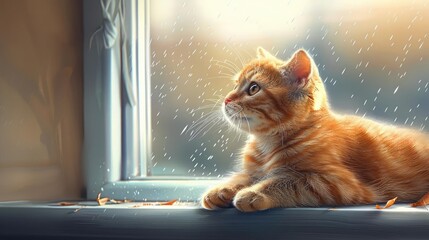 Adorable orange tabby cat warmly gazing out a window on a rainy day, creating a peaceful and cozy indoor scene.