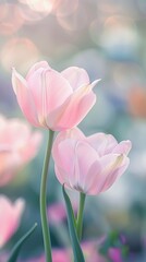 Obraz premium Close-up of pink tulips with blurred background and bokeh effect