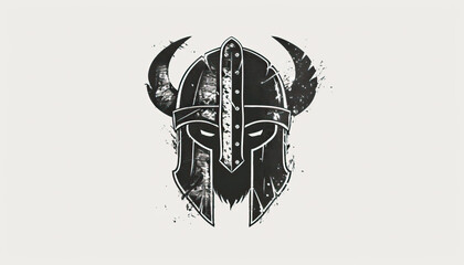Viking warrior helmet illustration, modern graphic design, isolated, copy and text space, close-up, macro, white background, black and white. Template, banner, background, wallpaper, backdrop