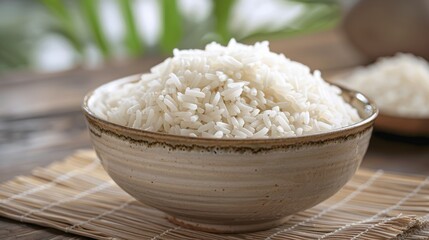 Bowl of cooked white rice on bamboo mat