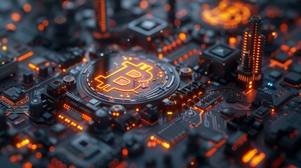 Bitcoin Standing on a Circuit Board With Glowing Components at Night