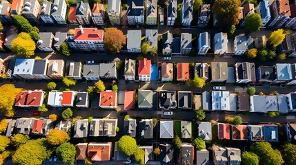 Fototapeta premium An aerial view of a colorful neighborhood with autumn trees