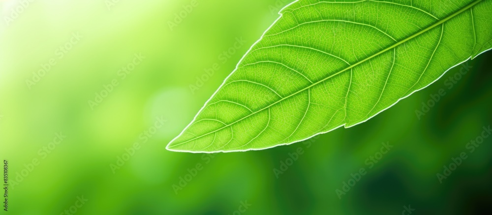 Poster An image of a bright green leaf with a lot of empty space around it for adding text or other elements is what you see. with copy space image. Place for adding text or design