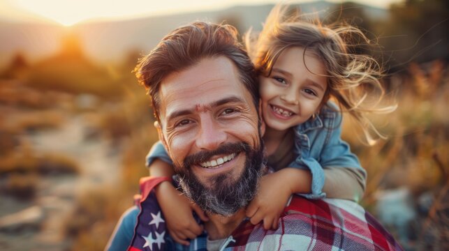 An excited child sits with the American flag on their father's shoulder and is reunited with his family again