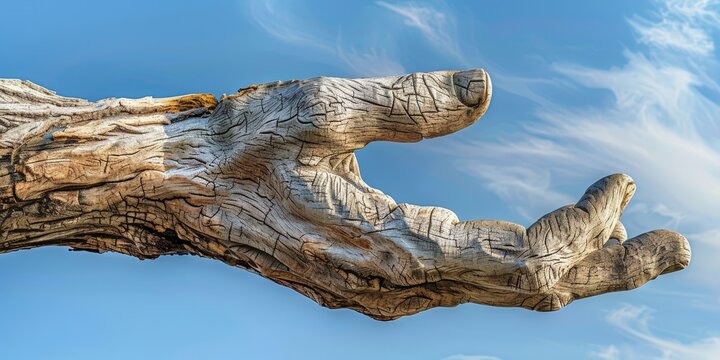 Sculpture en bois en forme de main tendue vers le ciel bleu