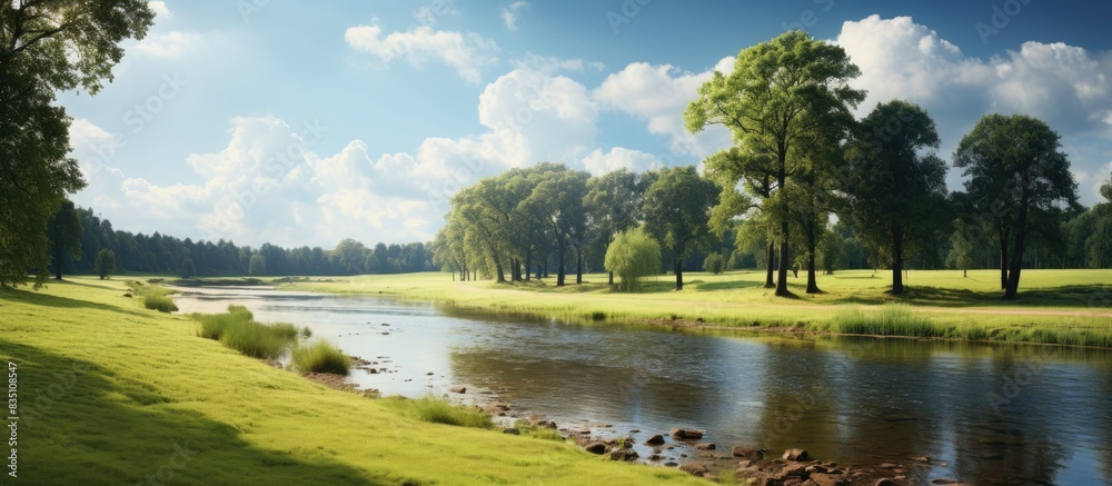 Poster scenic countryside with a river meandering through tall trees offering ample copy space image possib
