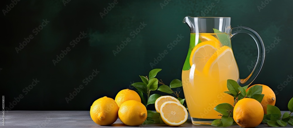 Poster A homemade pitcher of orange lemonade is displayed on a gray backdrop with a focused shot, creating a serene copy space image.
