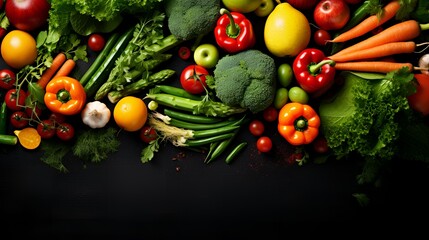 A variety of fresh organic vegetables and fruits on a black back