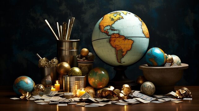 An arrangement of antique terrestrial and celestial globes with