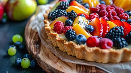 A photo of a beautiful fruit tart, topped with a colorful array of fresh berries and a glossy...