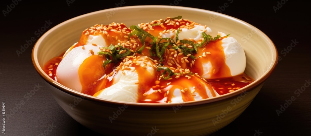 Poster a plastic bowl containing poached eggs served with red sauce and enoki mushrooms against a plain bac