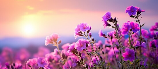 Vibrant purple and pink flowers in bloom with a scenic background, perfect for a copy space image.