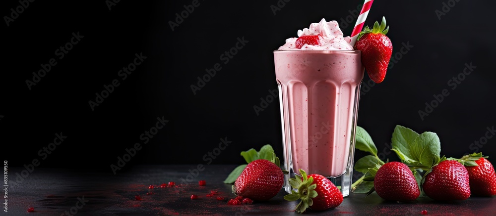 Poster Strawberry milkshake displayed against a dark backdrop with copy space image.