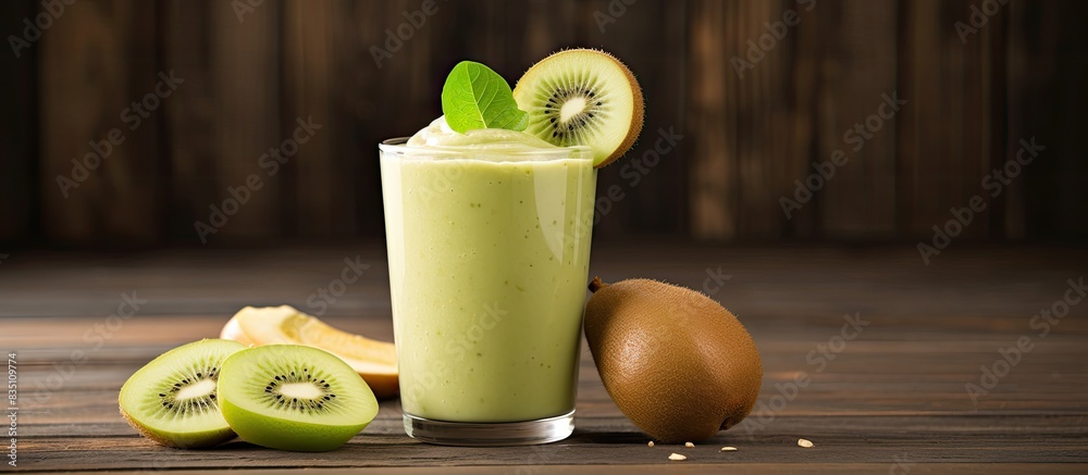 Leinwandbilder smoothie featuring a blend of pear, kiwi, and ginger, presented on a rustic background with ample co