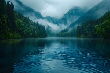 Captivating Landscape of Misty Mountain Lake Nestled in Lush Evergreen Forest